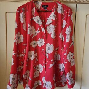 Lord & Taylor Red Pink Long Sleeve Button Front Blouse Floral Print Sz Lg